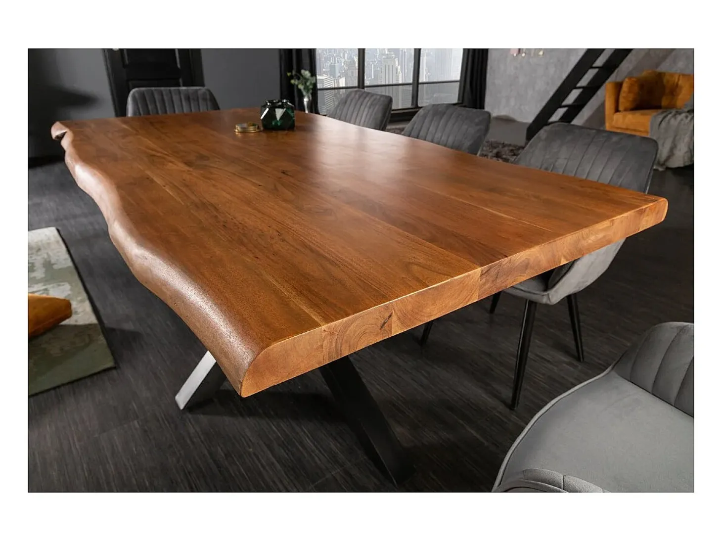 Mesa de comedor ARKAYA 180 cm – Tablero de madera maciza de acacia barnizada y estructura de metal negro – Estilo industrial y n