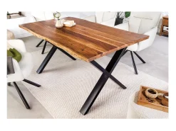 Mesa de comedor ARKAYA – Madera maciza de acacia barnizada y patas de metal negro en X – 160 cm – Estilo industrial