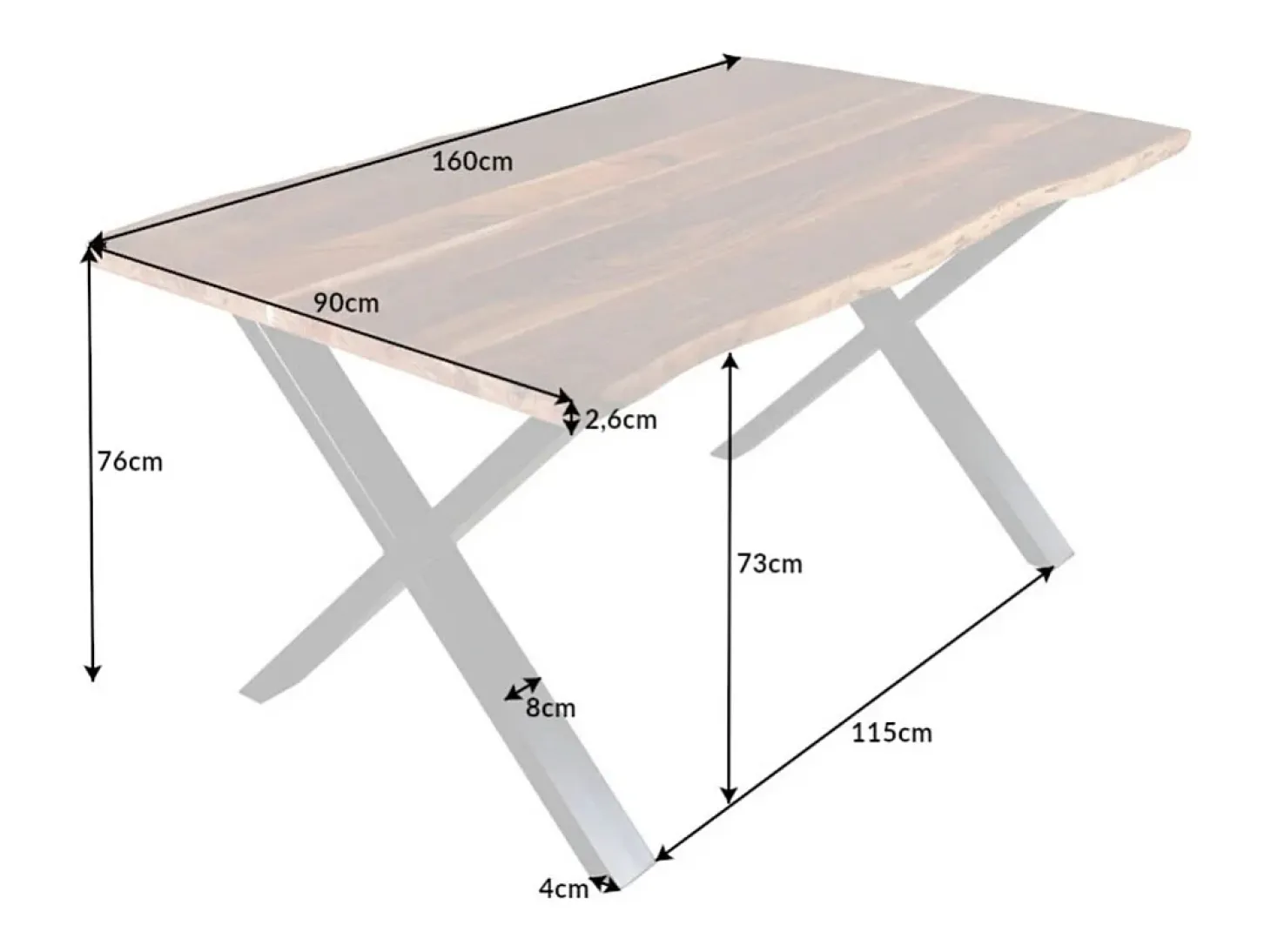 Mesa de comedor ARKAYA – Madera maciza de acacia barnizada y patas de metal negro en X – 160 cm – Estilo industrial