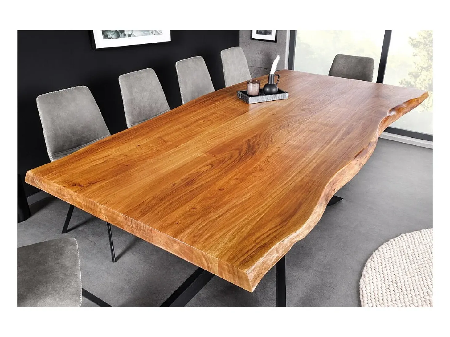 Mesa de comedor ARKAYA – Madera maciza de acacia barnizada y metal negro – 200 cm – Tablero grueso de 35 mm – Estilo industrial