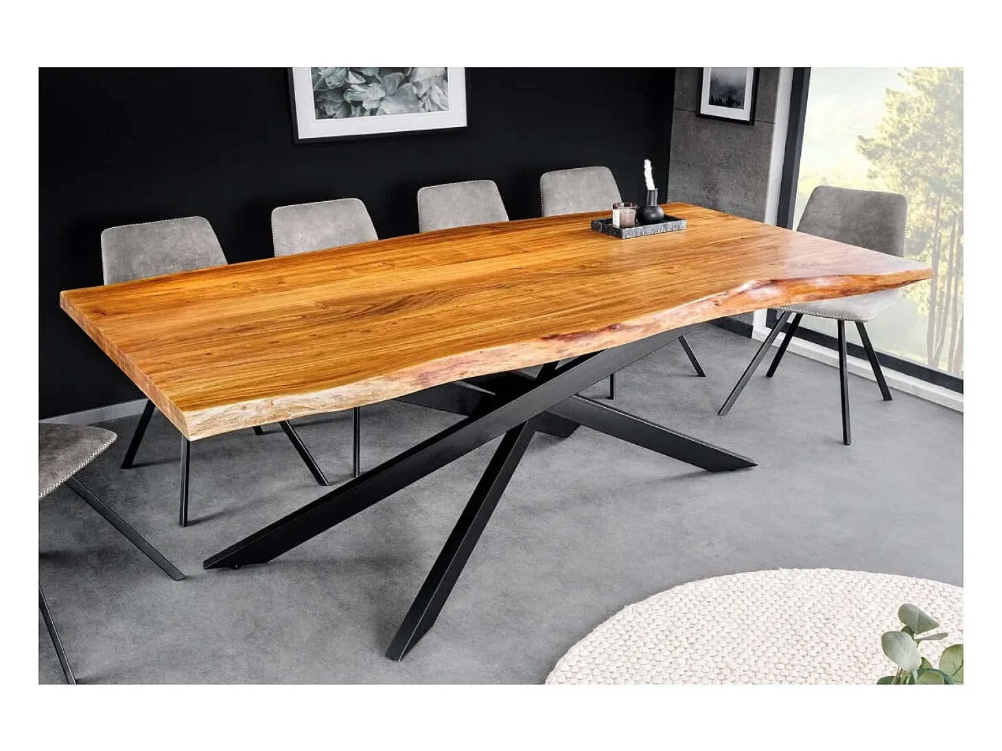 Mesa de comedor ARKAYA – Madera maciza de acacia barnizada y metal negro – 200 cm – Tablero grueso de 35 mm – Estilo industrial