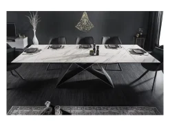 Mesa de comedor ATARA 180–260 cm – Superficie de cerámica efecto mármol blanco y metal negro
