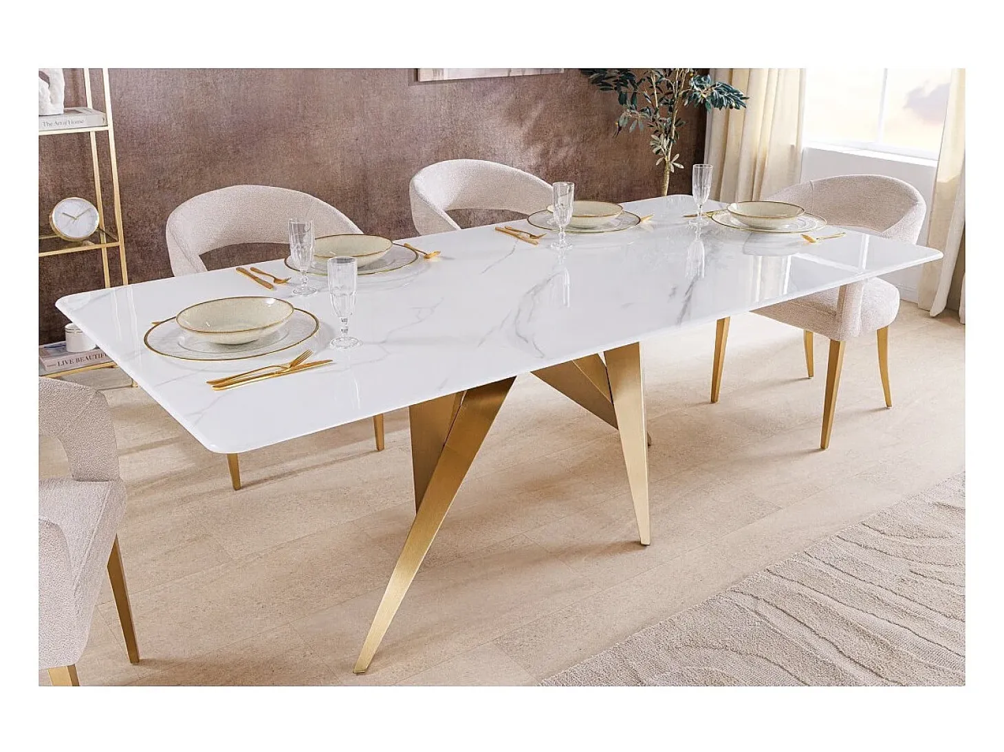 Mesa de comedor AXIS – Rectangular 200 cm – Efecto mármol blanco – Patas de metal color oro – Estilo chic