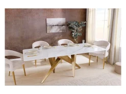 Mesa de comedor AXIS – Rectangular 200 cm – Efecto mármol blanco – Patas de metal color oro – Estilo chic