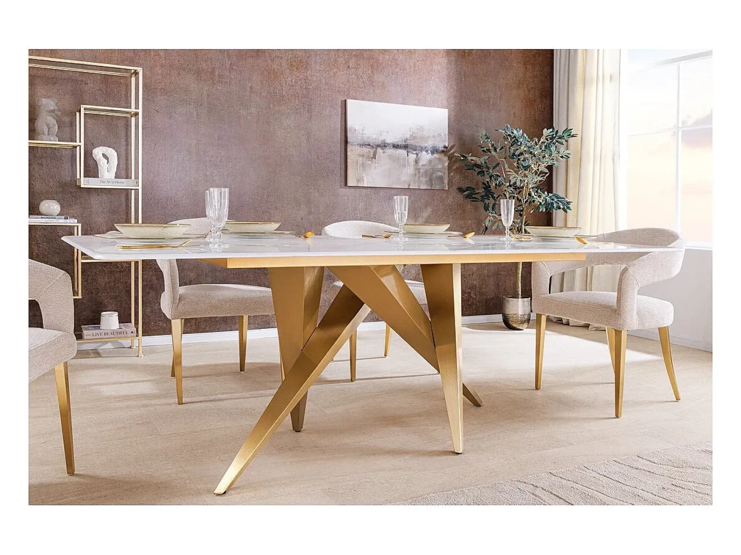 Mesa de comedor AXIS – Rectangular 200 cm – Efecto mármol blanco – Patas de metal color oro – Estilo chic