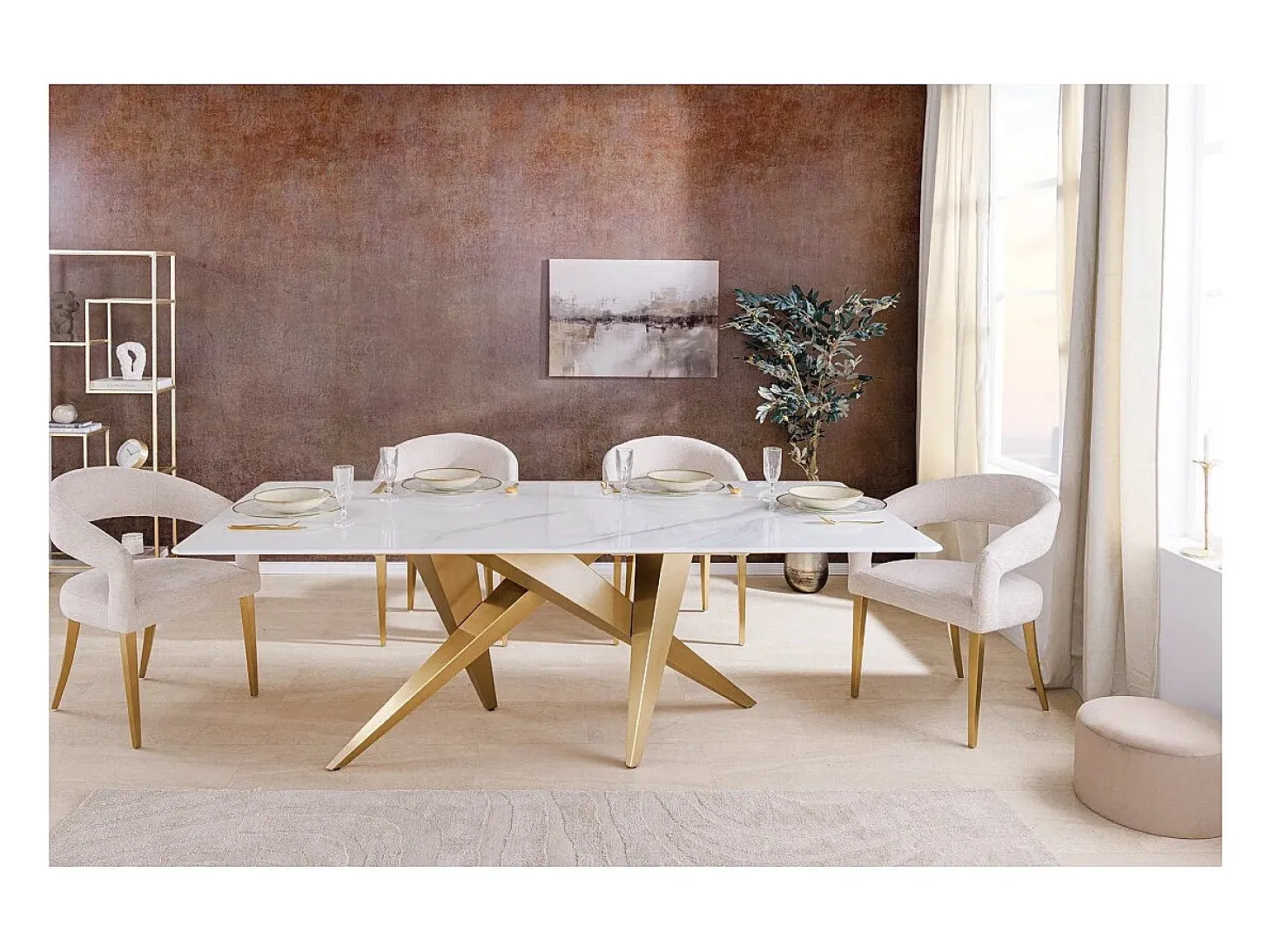 Mesa de comedor AXIS – Rectangular 200 cm – Efecto mármol blanco – Patas de metal color oro – Estilo chic
