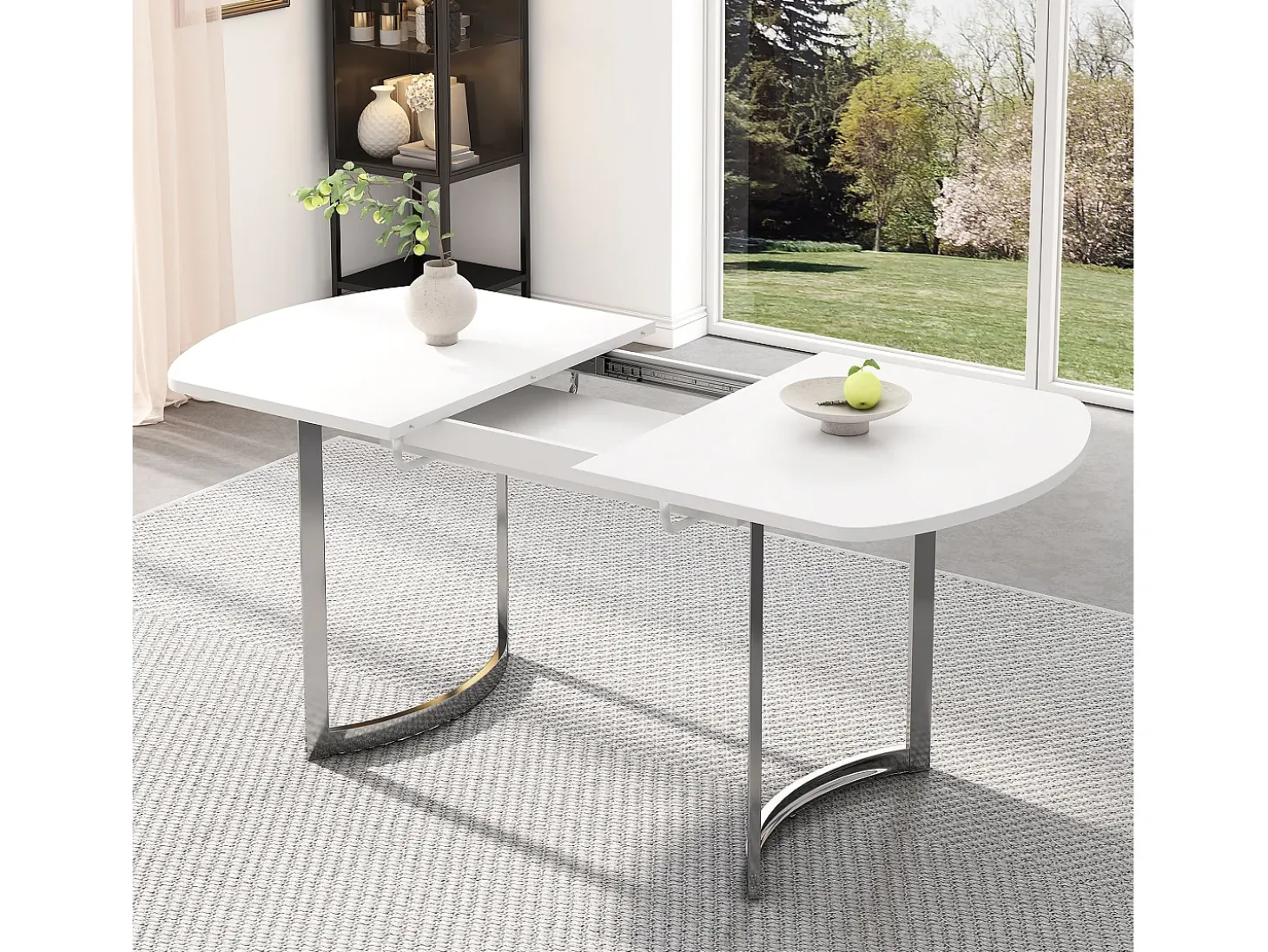 Mesa de comedor blanca - Mesa de comedor retráctil con patas plateadas - para comedor y sala de estar