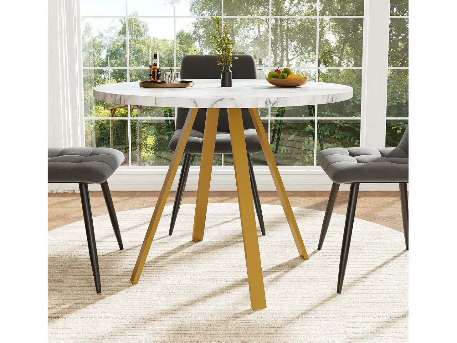 Mesa de comedor blanca - Mesa de comedor con tablero de MDF y patas de metal dorado - decoración estampada