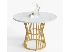 Mesa de comedor blanca - Mesa de comedor con tablero de MDF y patas de metal dorado - decoración estampada