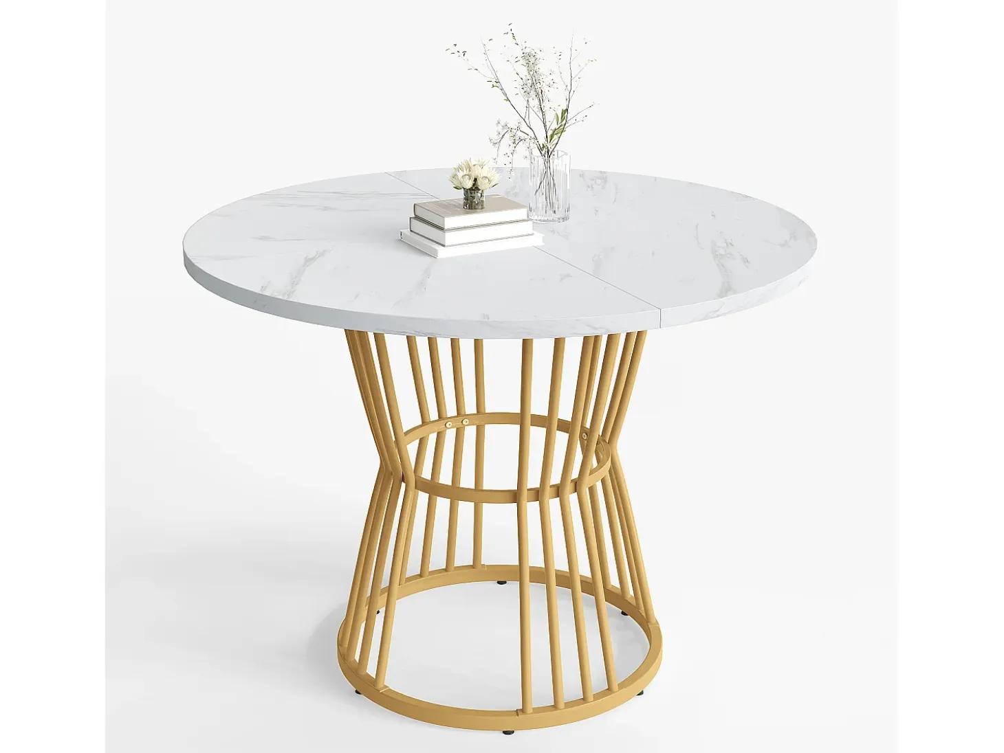 Mesa de comedor blanca - Mesa de comedor con tablero de MDF y patas de metal dorado - decoración estampada