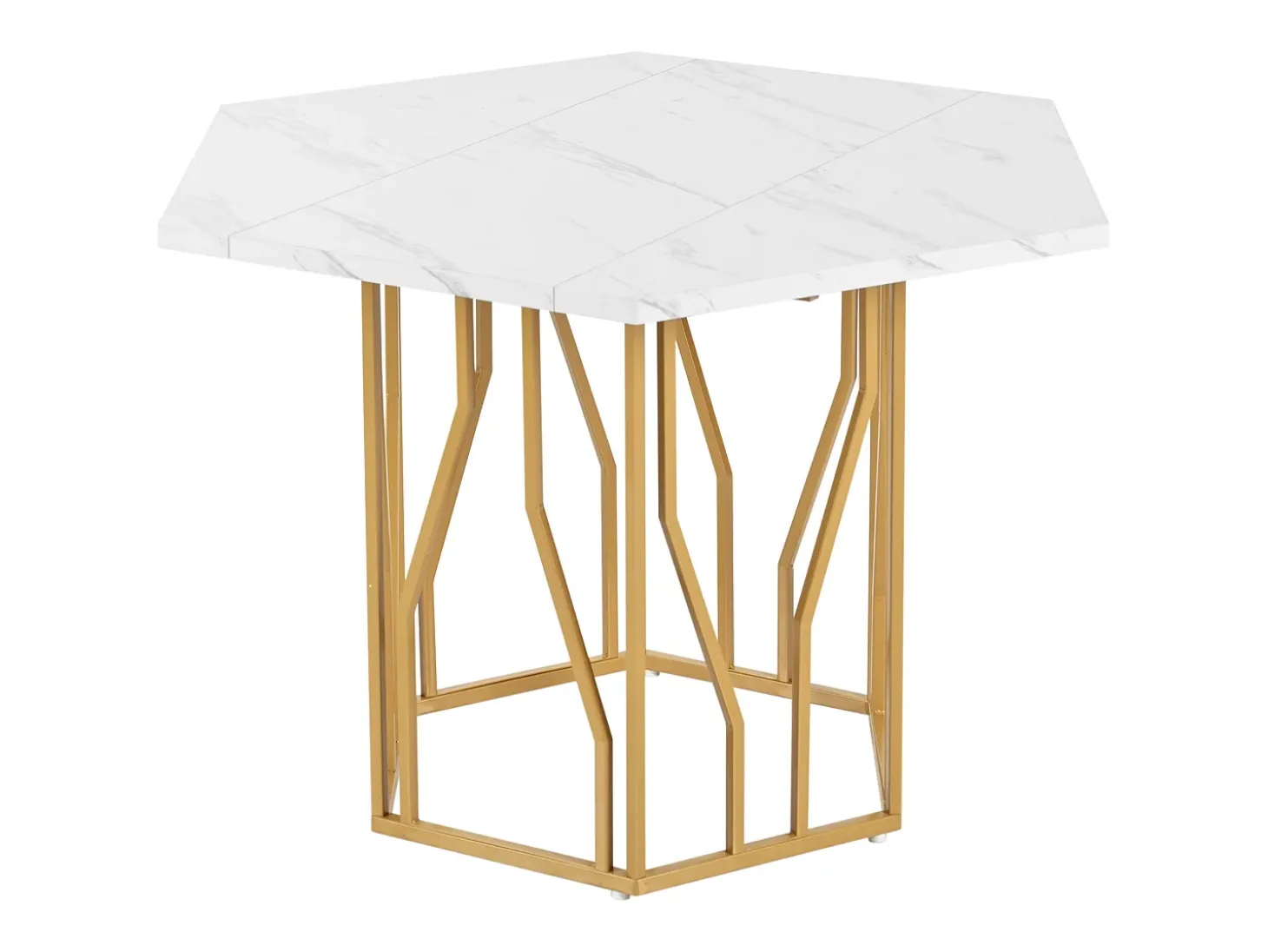 Mesa de comedor blanca - Mesa de comedor con tablero hexagonal y estructura de metal dorado - para comedor y sala de estar