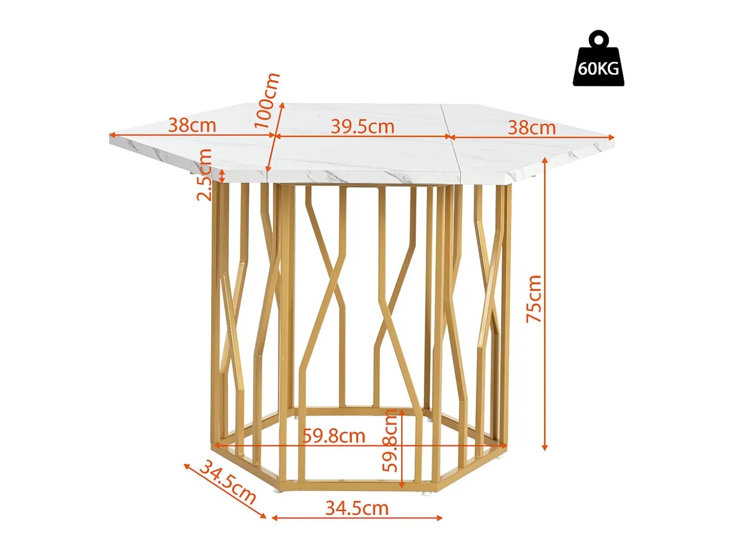 Mesa de comedor blanca - Mesa de comedor con tablero hexagonal y estructura de metal dorado - para comedor y sala de estar