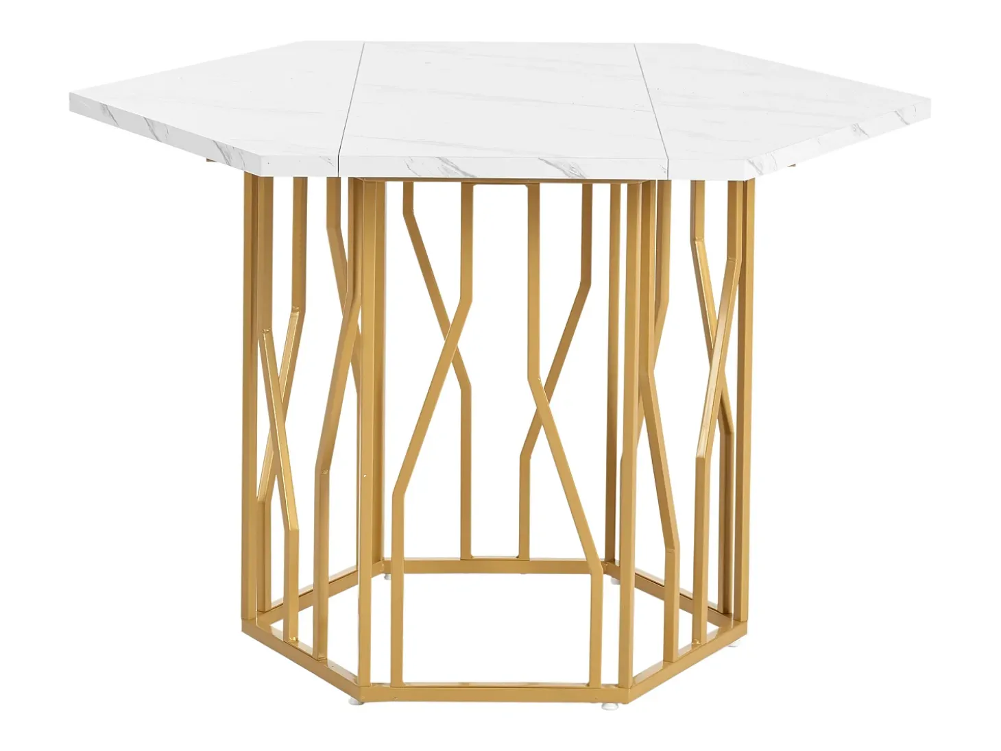 Mesa de comedor blanca - Mesa de comedor con tablero hexagonal y estructura de metal dorado - para comedor y sala de estar
