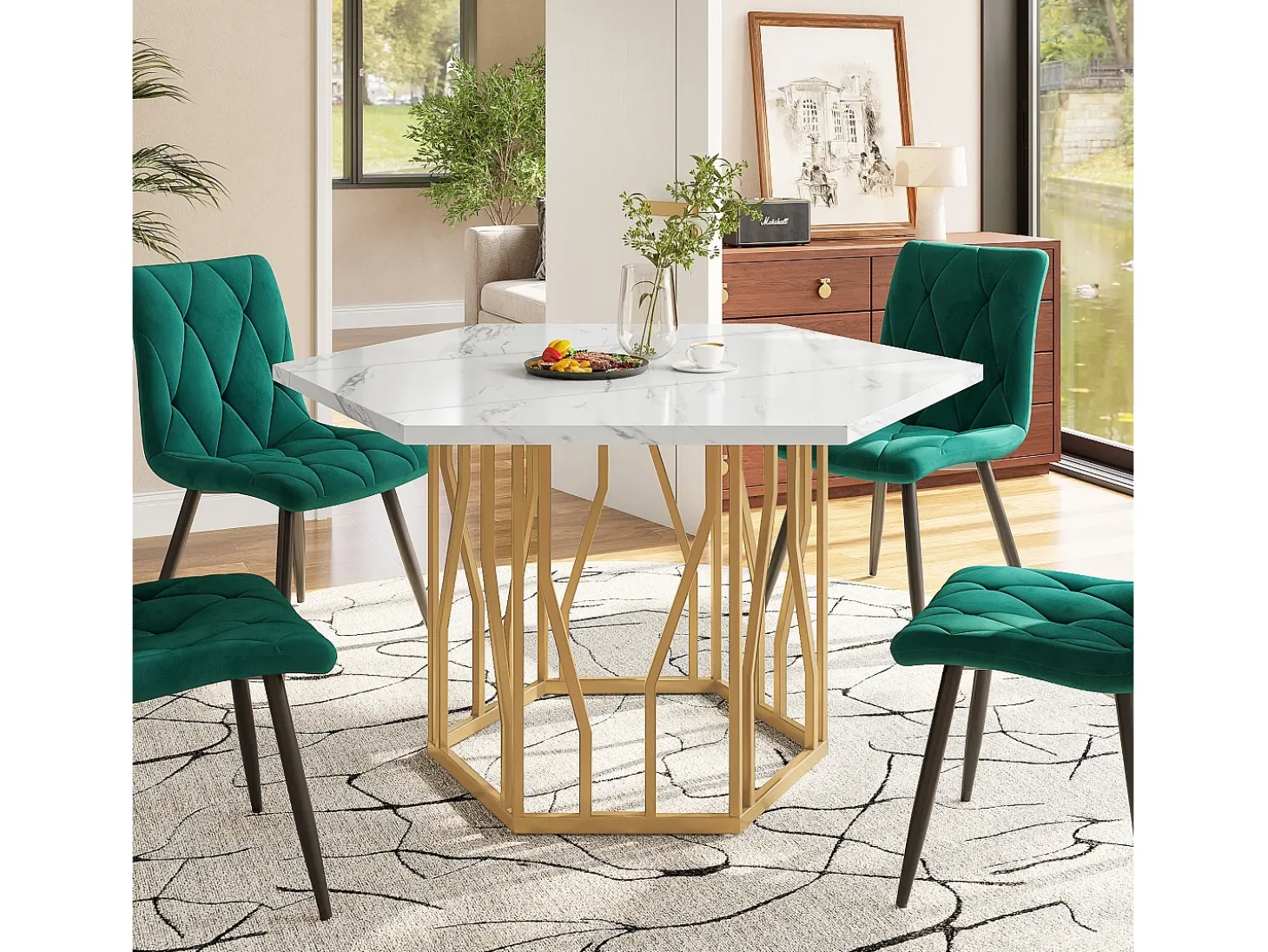 Mesa de comedor blanca - Mesa de comedor con tablero hexagonal y estructura de metal dorado - para comedor y sala de estar