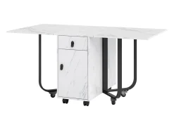 Mesa de comedor blanca con ruedas - Mesa de comedor plegable con 2 cajones y 2 puertas - 4 patas negras