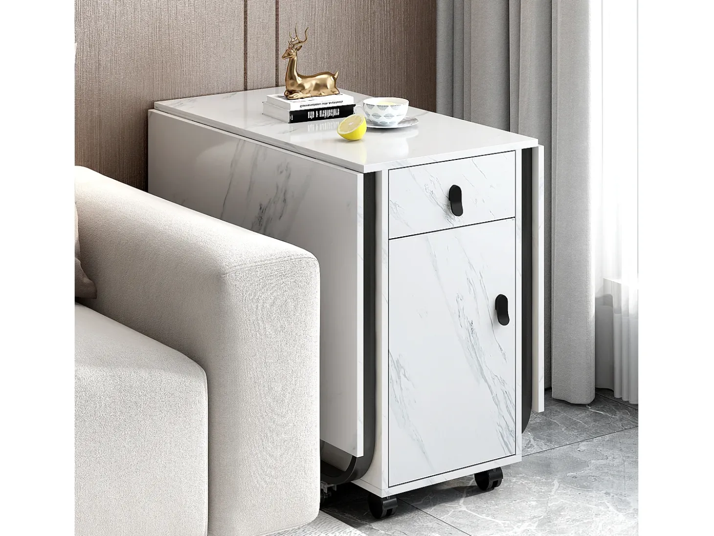 Mesa de comedor blanca con ruedas - Mesa de comedor plegable con 2 cajones y 2 puertas - 4 patas negras