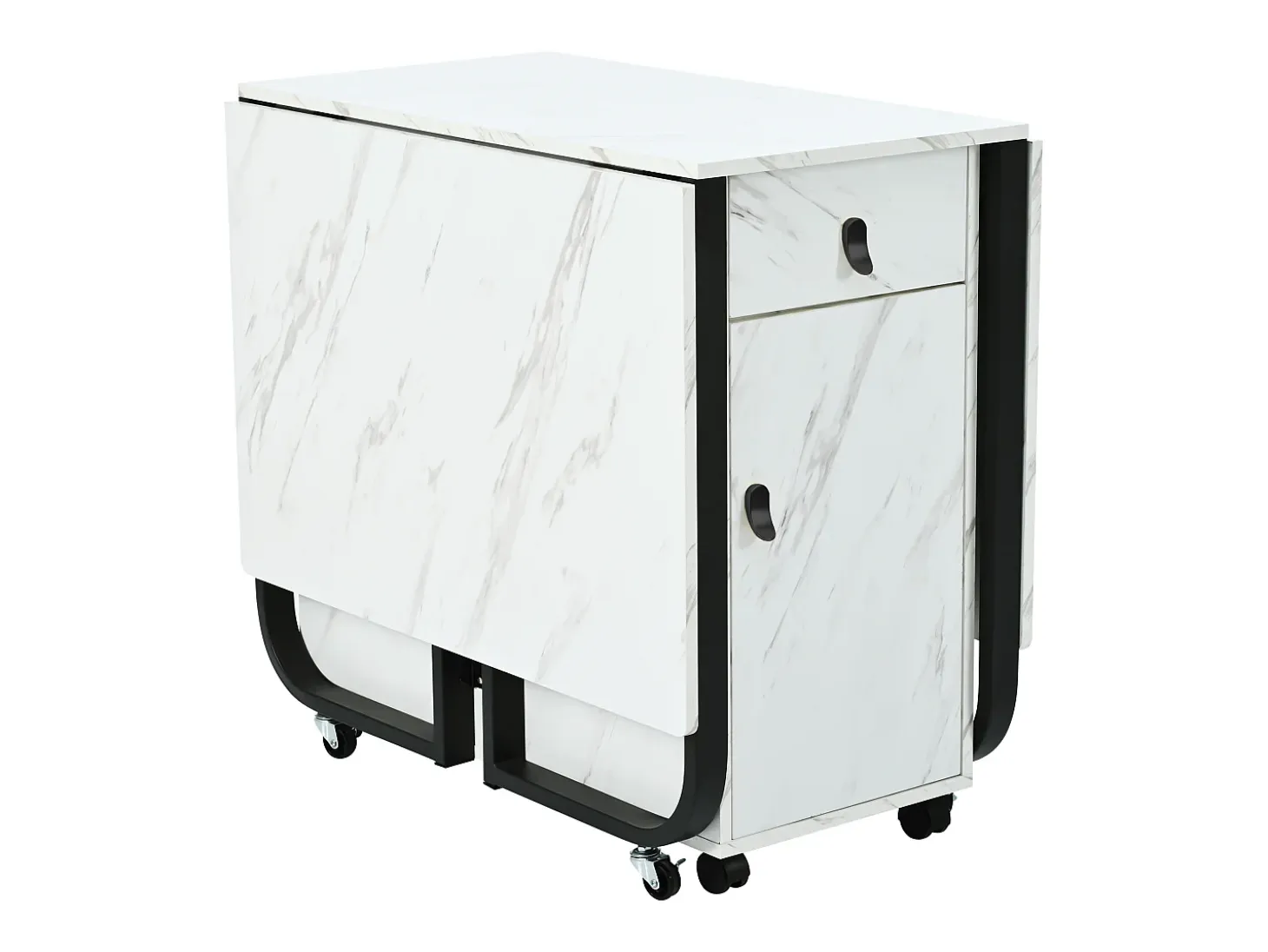 Mesa de comedor blanca con ruedas - Mesa de comedor plegable con 2 cajones y 2 puertas - 4 patas negras