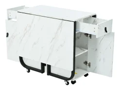 Mesa de comedor blanca con ruedas - Mesa de comedor plegable con 2 cajones y 2 puertas - 4 patas negras