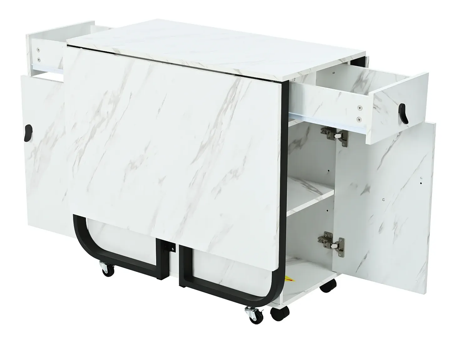 Mesa de comedor blanca con ruedas - Mesa de comedor plegable con 2 cajones y 2 puertas - 4 patas negras