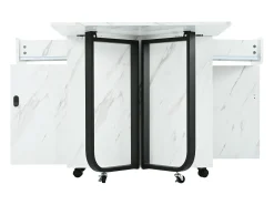 Mesa de comedor blanca con ruedas - Mesa de comedor plegable con 2 cajones y 2 puertas - 4 patas negras