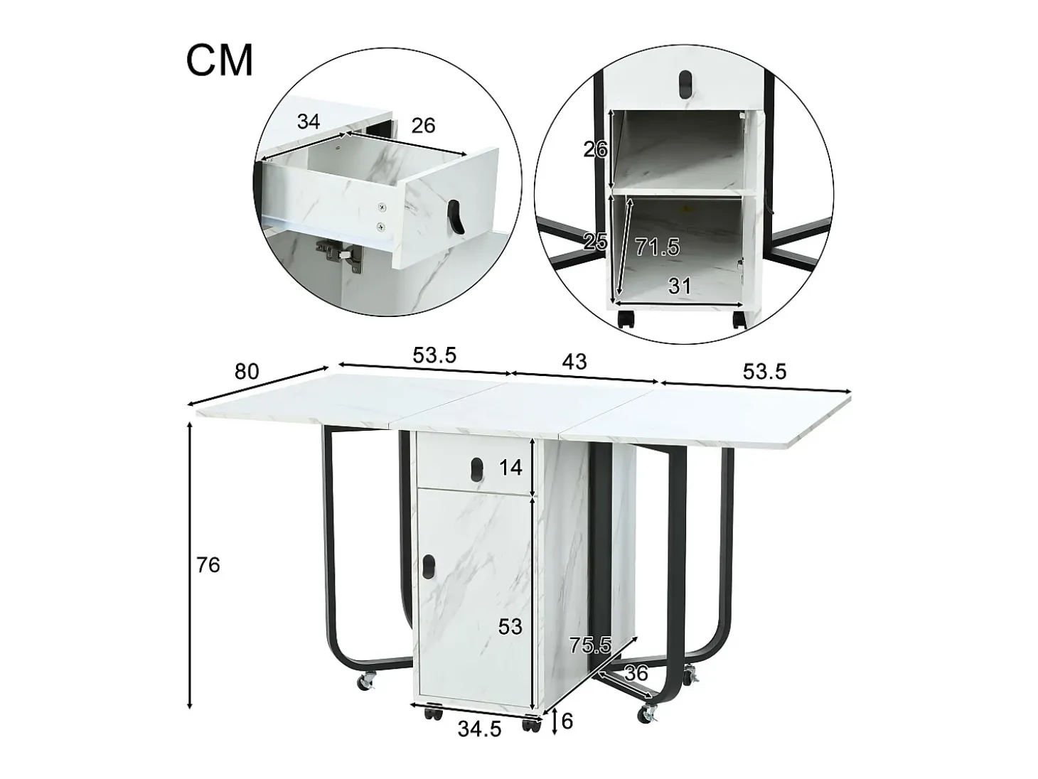 Mesa de comedor blanca con ruedas - Mesa de comedor plegable con 2 cajones y 2 puertas - 4 patas negras