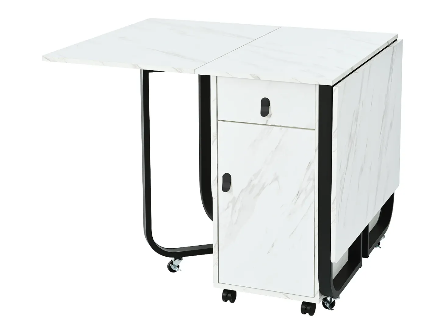 Mesa de comedor blanca con ruedas - Mesa de comedor plegable con 2 cajones y 2 puertas - 4 patas negras