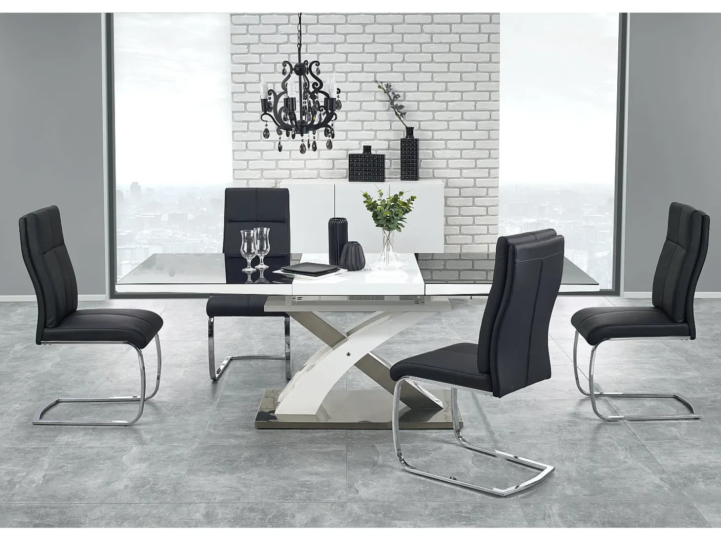 Mesa de comedor Cesar de diseño en blanco y negro con hoja extensible