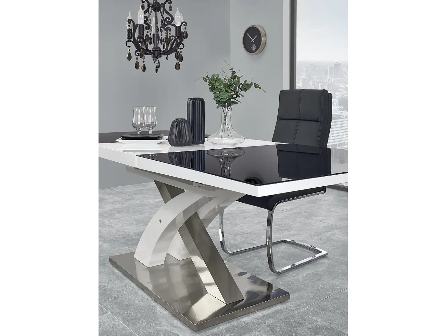 Mesa de comedor Cesar de diseño en blanco y negro con hoja extensible