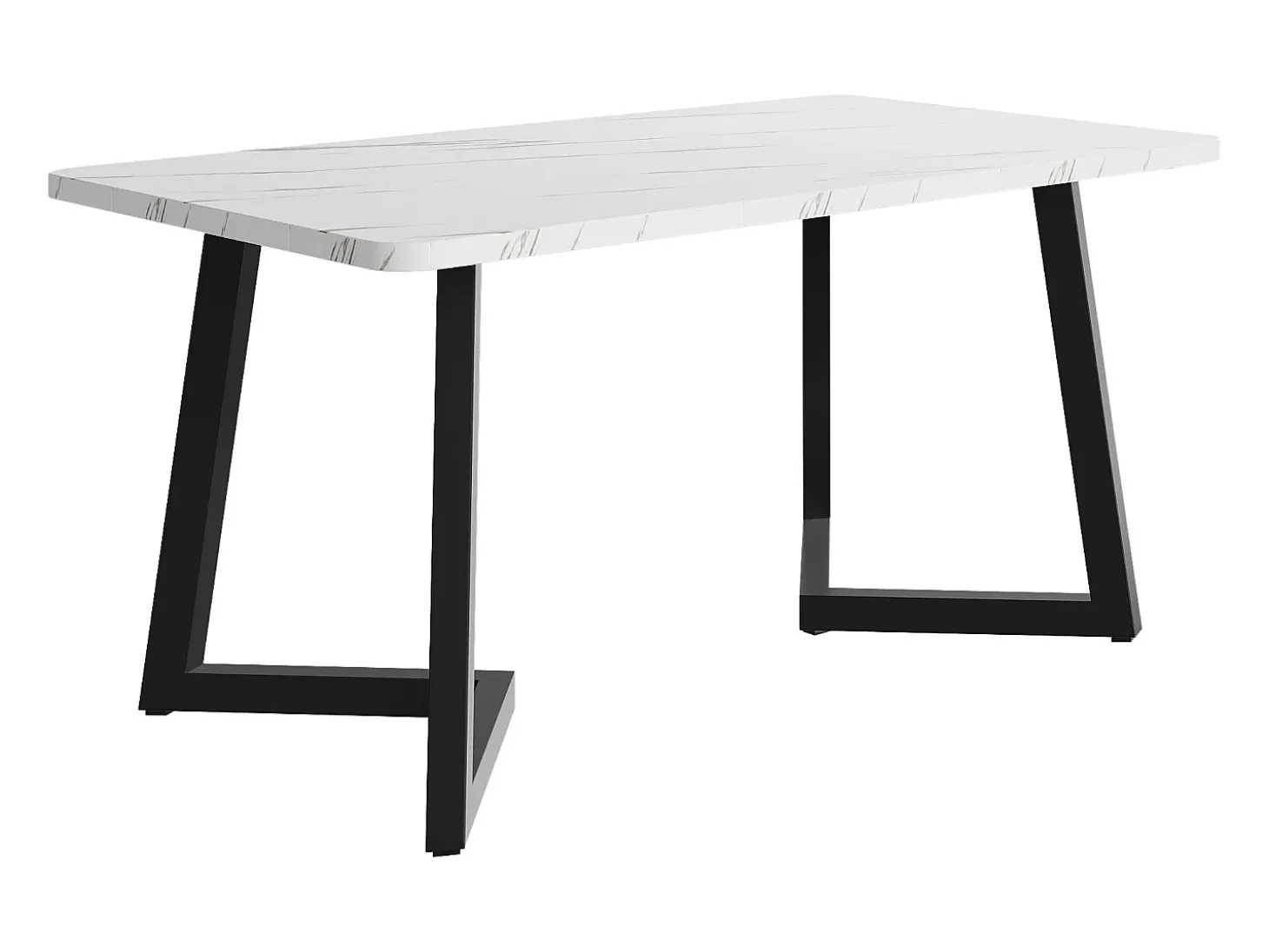 Mesa de comedor chapada efecto mármol blanco, 4-6 plazas, 117x68cm, fabricada en MDF, patas de metal negro.