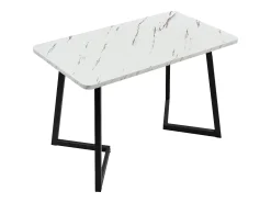 Mesa de comedor chapada efecto mármol blanco, 4-6 plazas, 117x68cm, fabricada en MDF, patas de metal negro.