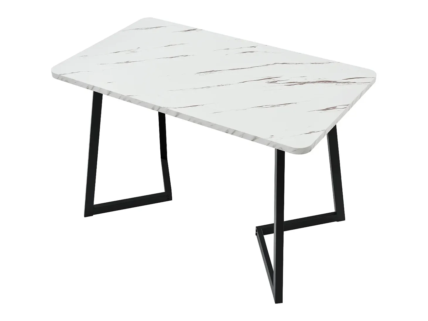 Mesa de comedor chapada efecto mármol blanco, 4-6 plazas, 117x68cm, fabricada en MDF, patas de metal negro.