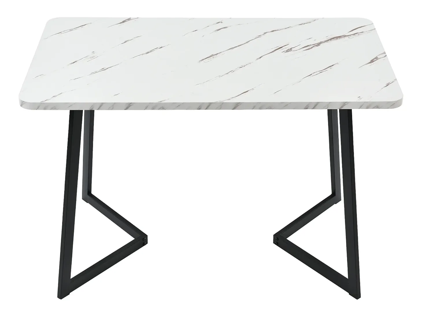 Mesa de comedor chapada efecto mármol blanco, 4-6 plazas, 117x68cm, fabricada en MDF, patas de metal negro.
