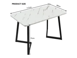 Mesa de comedor chapada efecto mármol blanco, 4-6 plazas, 117x68cm, fabricada en MDF, patas de metal negro.