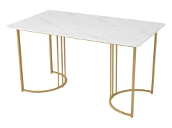 Mesa de comedor chapada en mármol blanco para 4-6 personas 140x80cm en MDF, patas de metal dorado