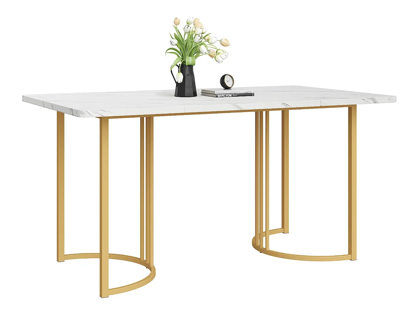 Mesa de comedor chapada en mármol blanco para 4-6 personas 140x80cm en MDF, patas de metal dorado