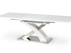 Mesa de comedor Cleo de diseño en lacado blanco y cristal con hoja extensible