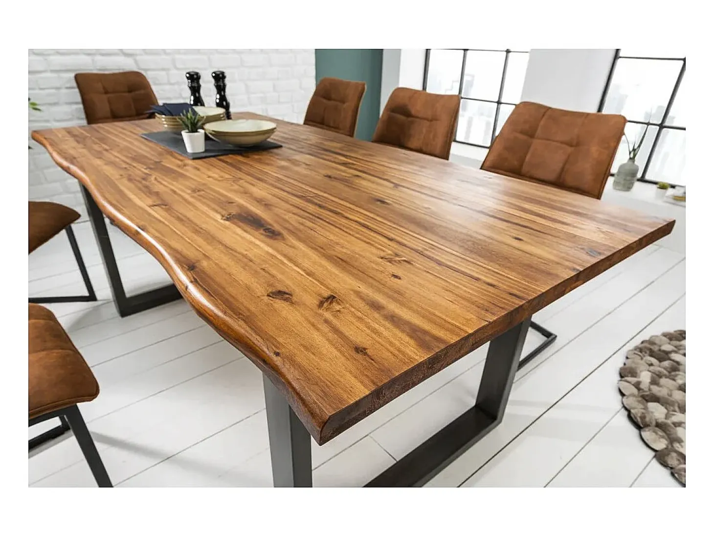 Mesa de Comedor 180cm NALKO – Madera maciza de acacia aceitada y metal – Estilo industrial