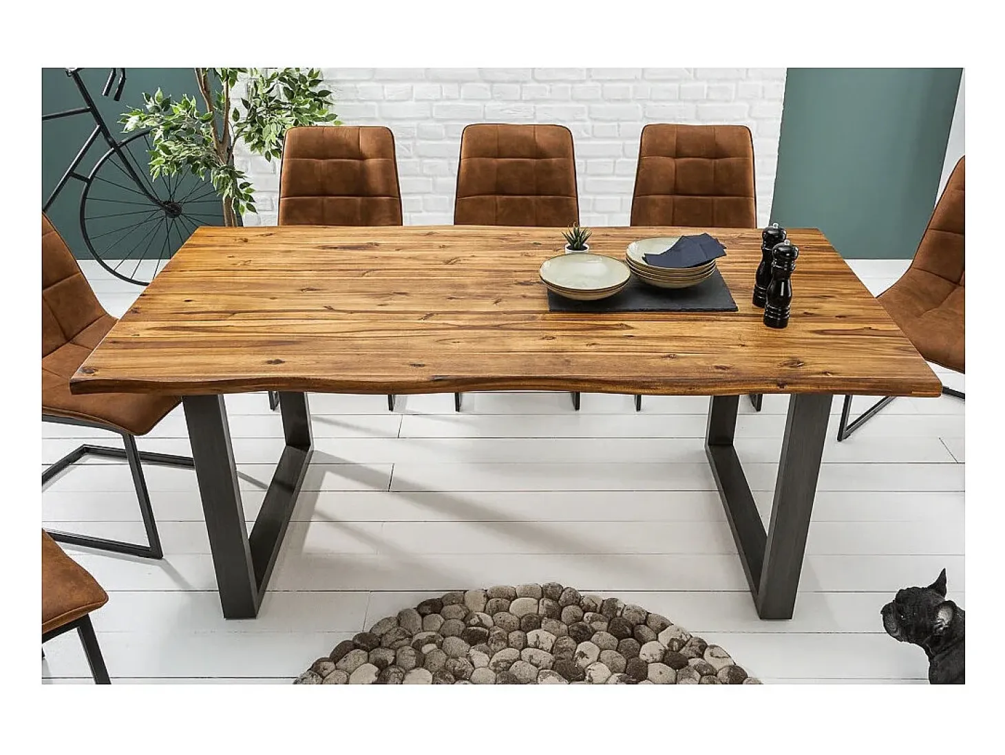 Mesa de Comedor 180cm NALKO – Madera maciza de acacia aceitada y metal – Estilo industrial