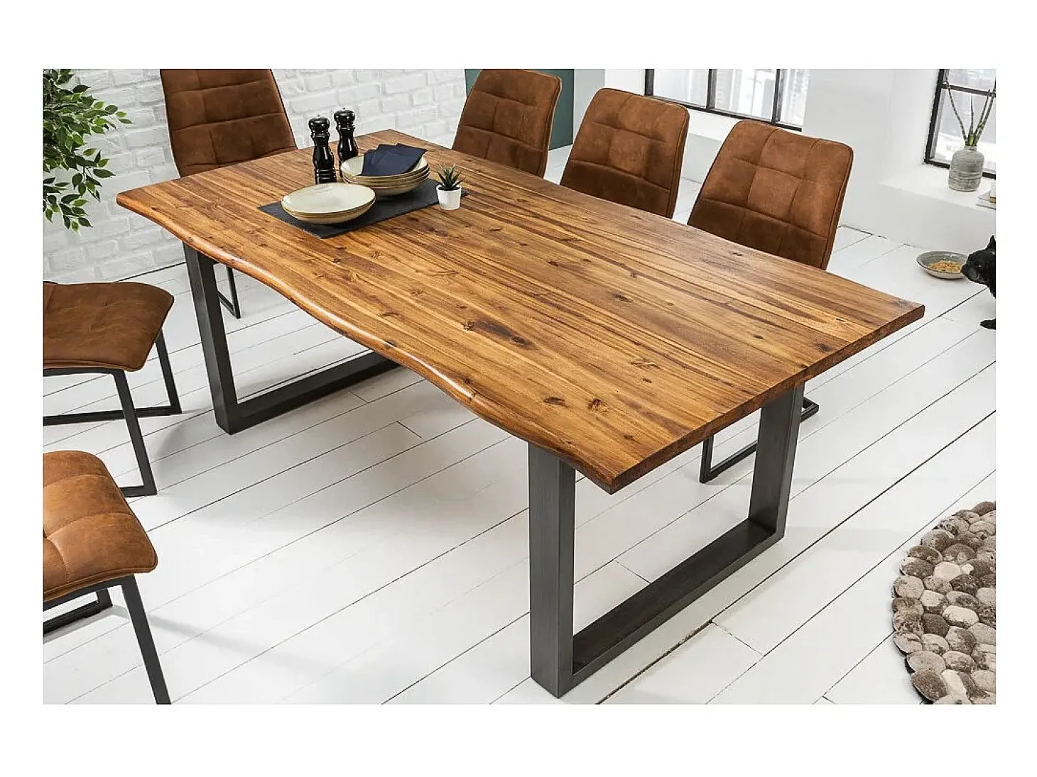 Mesa de Comedor 180cm NALKO – Madera maciza de acacia aceitada y metal – Estilo industrial