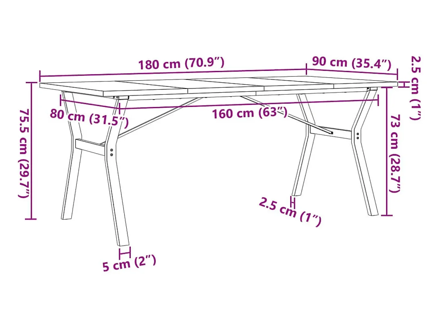 Mesa de comedor con estructura en Y 180x90x75,5 cm madera maciza de pino acero