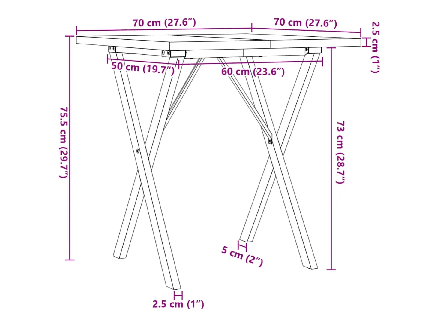 Mesa de comedor con estructura en X de 70x70x75,5 cm, madera maciza de pino y acero.