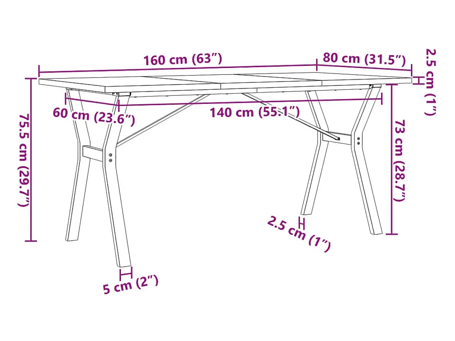 Mesa de comedor con estructura en Y 160x80x75,5 cm madera maciza de pino acero