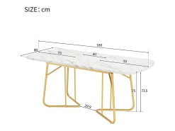 Mesa de comedor con estructura de mármol, mesa de comedor extensible 140/180*80 cm, patas de mesa de metal dorado, adecuada para 4 a 6 personas