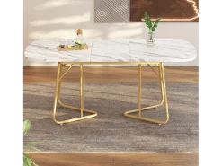 Mesa de comedor con estructura de mármol, mesa de comedor extensible 140/180*80 cm, patas de mesa de metal dorado, adecuada para 4 a 6 personas