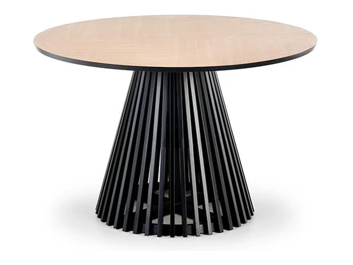 Mesa de comedor contemporánea redonda con tablero de aspecto roble natural y pata central negra OCTANT