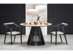 Mesa de comedor contemporánea redonda con tablero de aspecto roble natural y pata central negra OCTANT