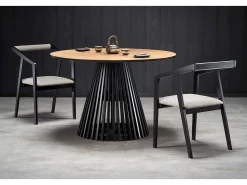 Mesa de comedor contemporánea redonda con tablero de aspecto roble natural y pata central negra OCTANT