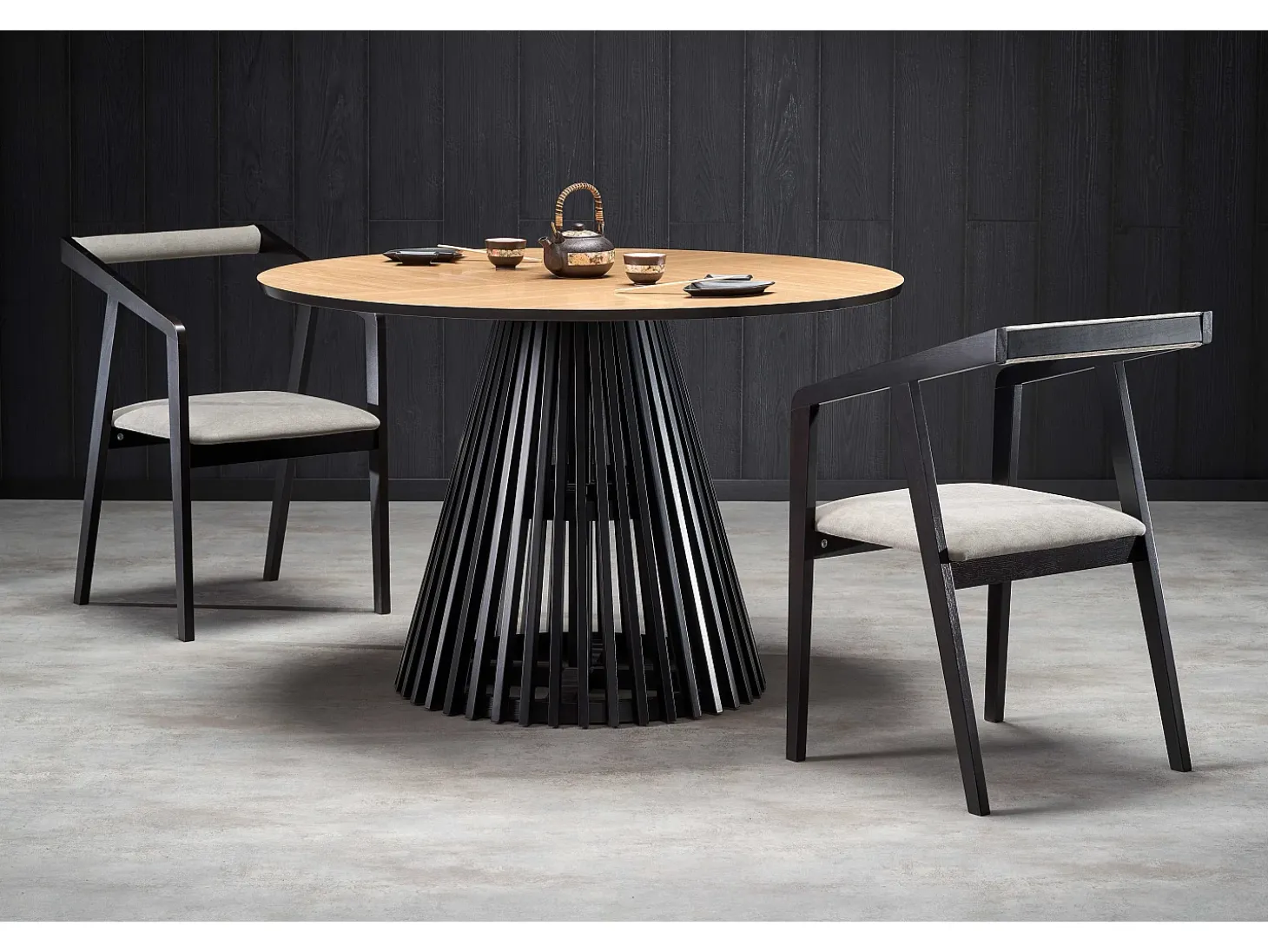 Mesa de comedor contemporánea redonda con tablero de aspecto roble natural y pata central negra OCTANT