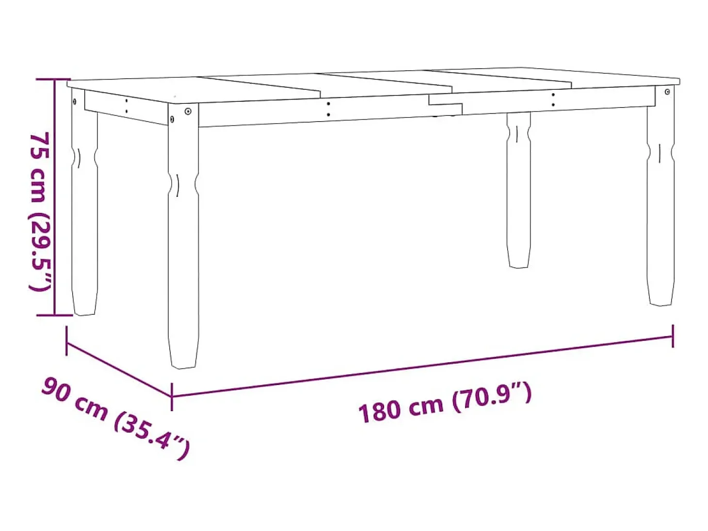 Mesa de comedor Corona madera maciza de pino gris 180x90x75 cm