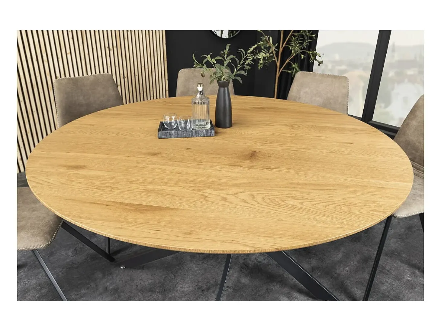 Mesa de comedor COURBAX redonda 120 cm – Mesa industrial aspecto roble salvaje y metal